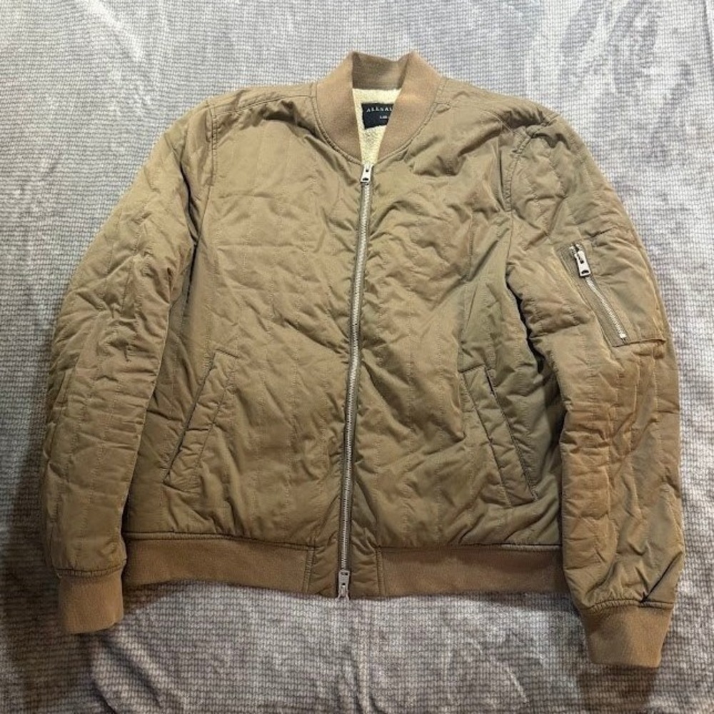 AllSaints Mens Large Bomber Jacket Sherpa Lined Tan Brown Full Zip Coat